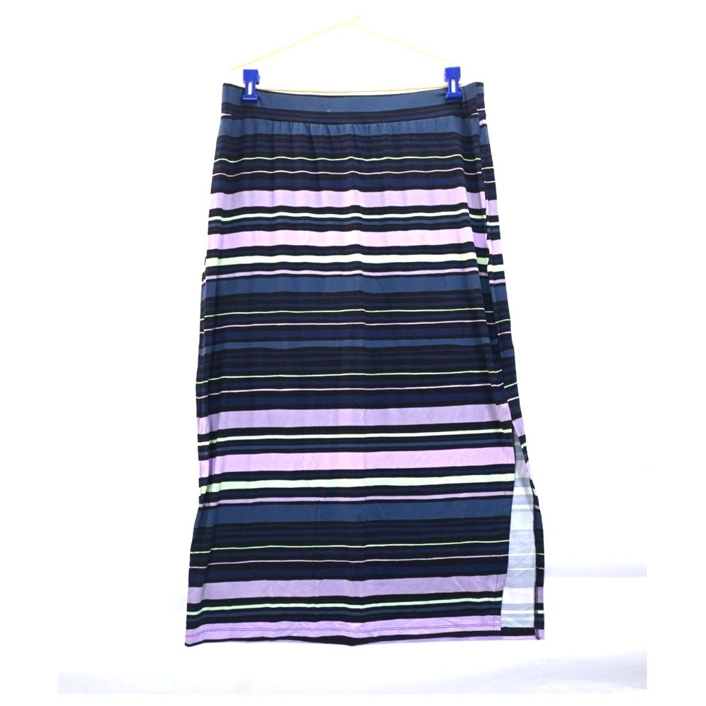 Liz Claiborne Striped Midi Skirt XL Blue Purple Stretch Casual Womens Minalist